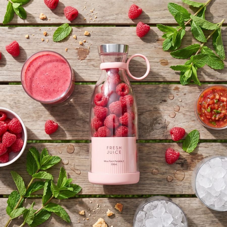 Fresh Juice flatlay with mint and raspberries